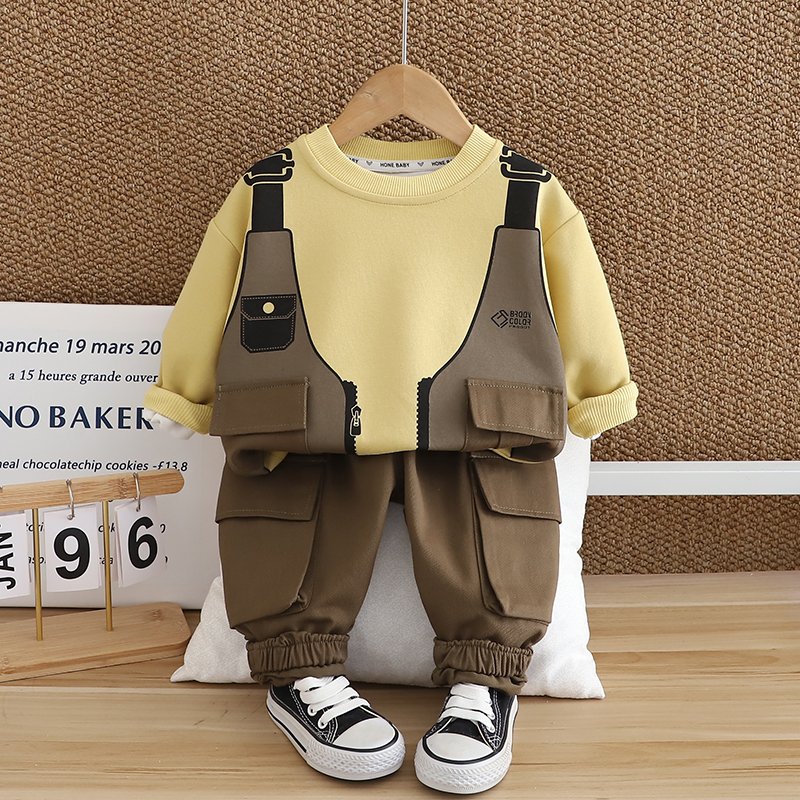 2024 Autumn/Winter Boys Clothing Set Soft Shell Cartoon Style Long Sleeve Top Warm Two-Piece Hoodie Large Pocket Design Cotton