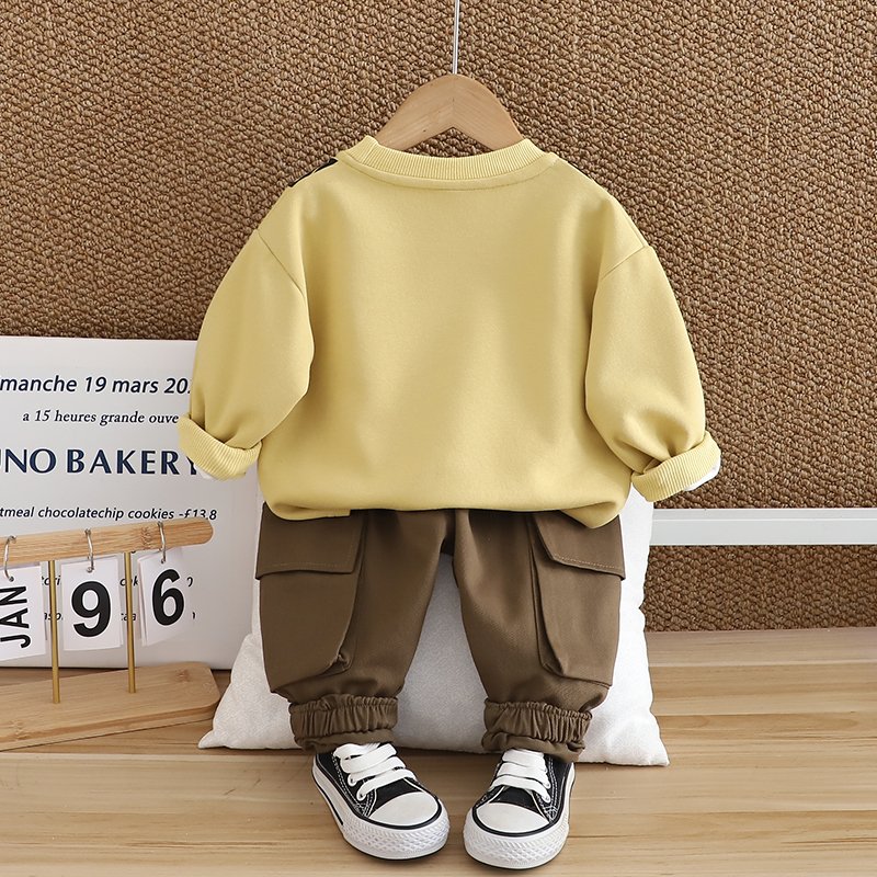 2024 Autumn/Winter Boys Clothing Set Soft Shell Cartoon Style Long Sleeve Top Warm Two-Piece Hoodie Large Pocket Design Cotton