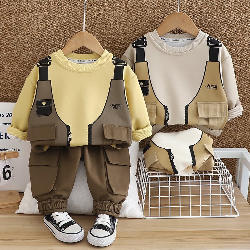 2024 Autumn/Winter Boys Clothing Set Soft Shell Cartoon Style Long Sleeve Top Warm Two-Piece Hoodie Large Pocket Design Cotton