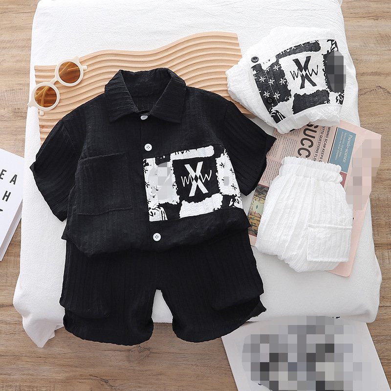wholesale kids clothes 2 colors short sleeves letter printed shirt+solid shorts outfit 0-5 years boys 2pcs linen clothing set
