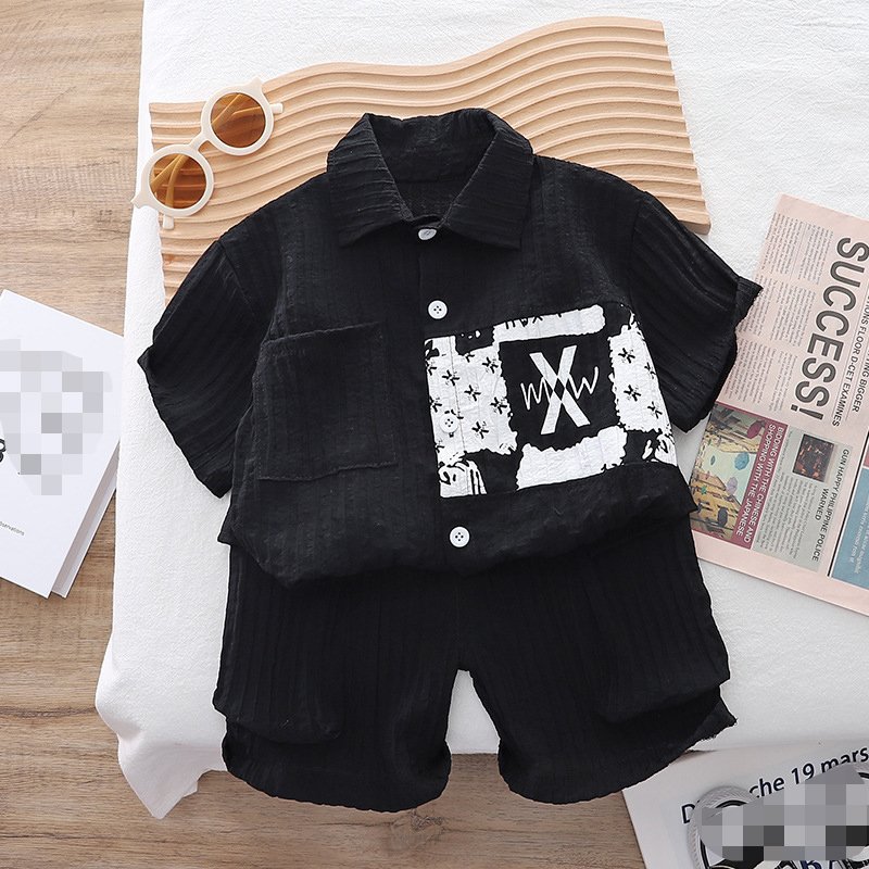 wholesale kids clothes 2 colors short sleeves letter printed shirt+solid shorts outfit 0-5 years boys 2pcs linen clothing set