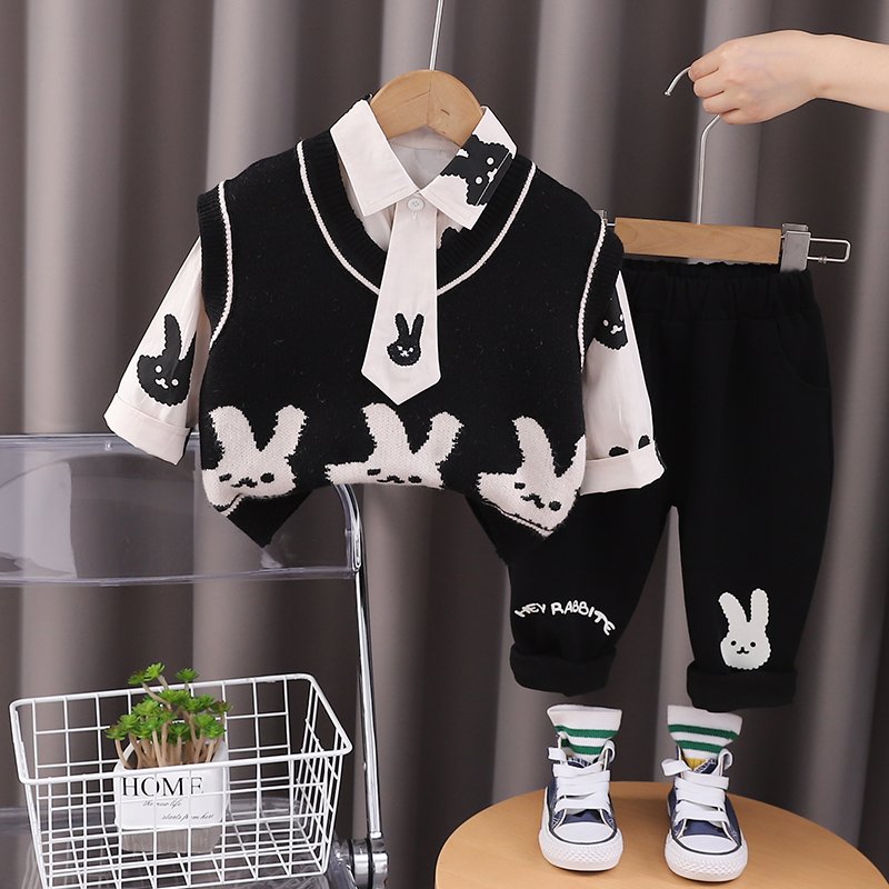 High Quality Korean Preppy Style Girls Clothing Set Spring Autumn Casual-Includes Shirt Vest Pants Tie Cartoon Rabbit Pattern