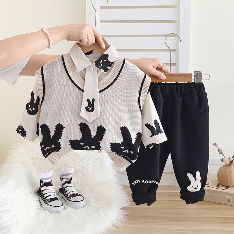 High Quality Korean Preppy Style Girls Clothing Set Spring Autumn Casual-Includes Shirt Vest Pants Tie Cartoon Rabbit Pattern