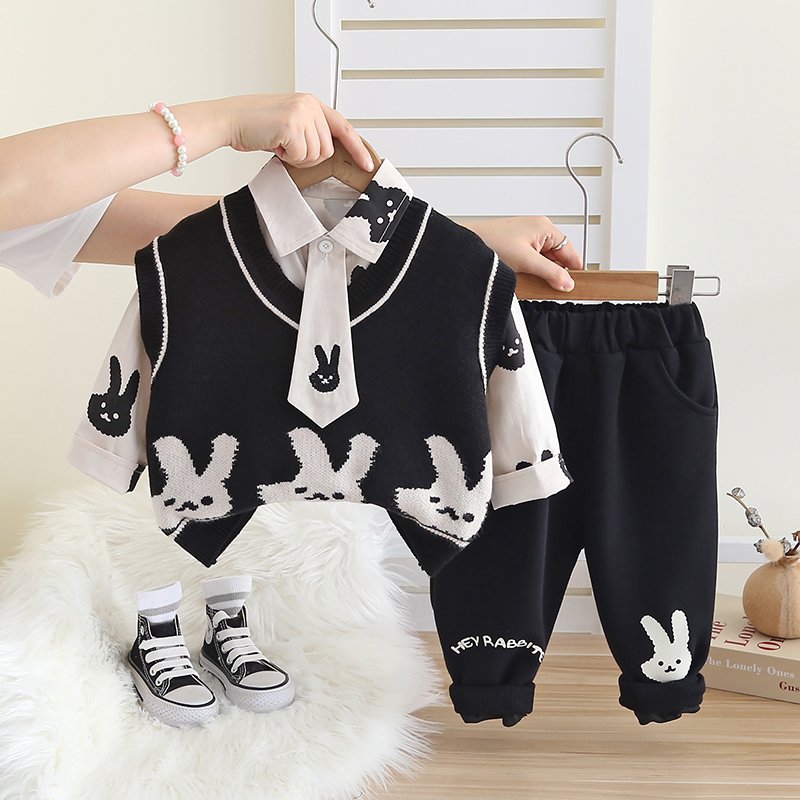 High Quality Korean Preppy Style Girls Clothing Set Spring Autumn Casual-Includes Shirt Vest Pants Tie Cartoon Rabbit Pattern