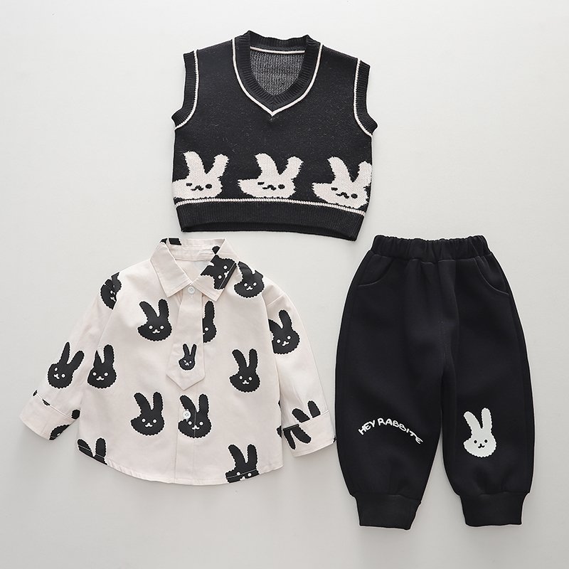 High Quality Korean Preppy Style Girls Clothing Set Spring Autumn Casual-Includes Shirt Vest Pants Tie Cartoon Rabbit Pattern