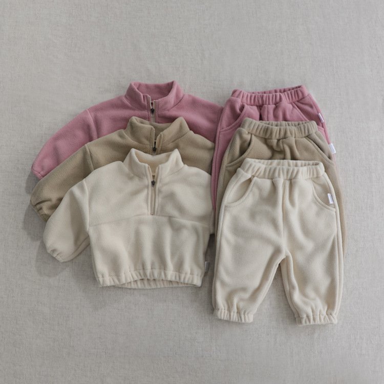 High Quality Children Winter Warm Cloth Long Sleeve Solid Color Baby Clothes Suits Thick Kids Clothes Tops&Pants 2 pcs Sets