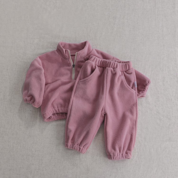 High Quality Children Winter Warm Cloth Long Sleeve Solid Color Baby Clothes Suits Thick Kids Clothes Tops&Pants 2 pcs Sets