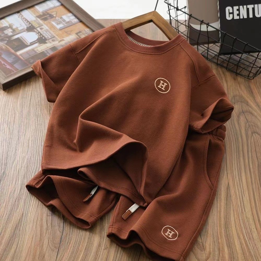 Children's short sleeved two-piece set Summer New Embroidered Waffle Half Sleeve Thin Set Boys clothing sets