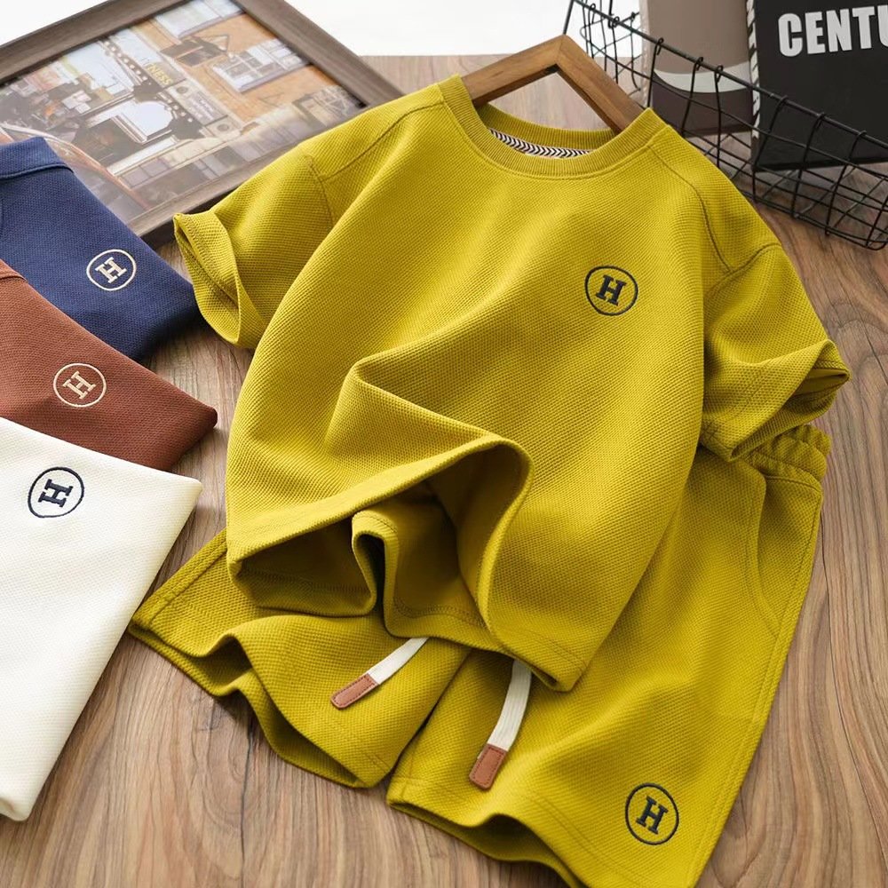 Children's short sleeved two-piece set Summer New Embroidered Waffle Half Sleeve Thin Set Boys clothing sets