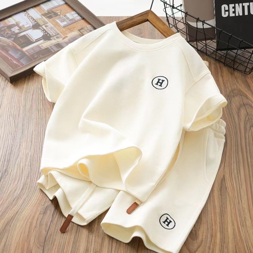 Children's short sleeved two-piece set Summer New Embroidered Waffle Half Sleeve Thin Set Boys clothing sets