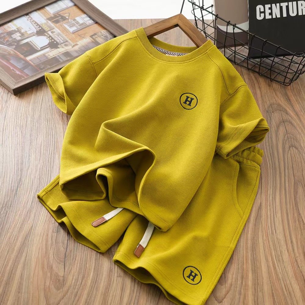 Children's short sleeved two-piece set Summer New Embroidered Waffle Half Sleeve Thin Set Boys clothing sets