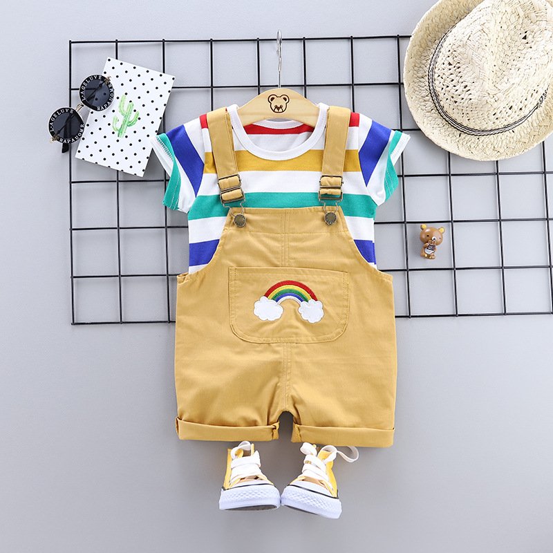 2024 Boys Summer Two-Piece Baby Belt Pants Suit Striped Short Sleeve Casual Print Clothing Made of Cotton ODM Supply