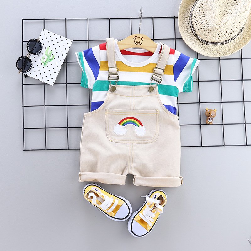 2024 Boys Summer Two-Piece Baby Belt Pants Suit Striped Short Sleeve Casual Print Clothing Made of Cotton ODM Supply