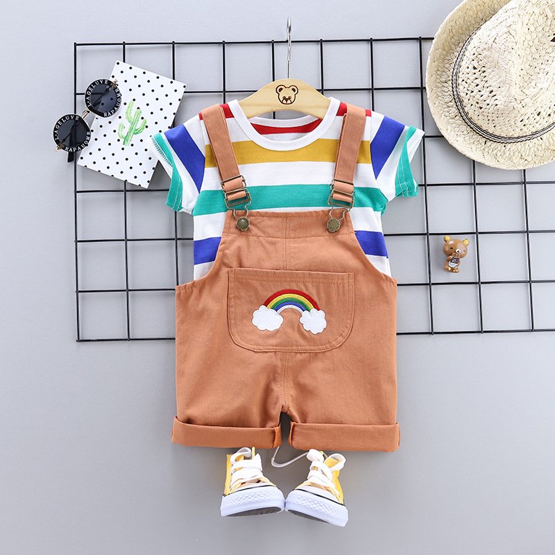 2024 Boys Summer Two-Piece Baby Belt Pants Suit Striped Short Sleeve Casual Print Clothing Made of Cotton ODM Supply