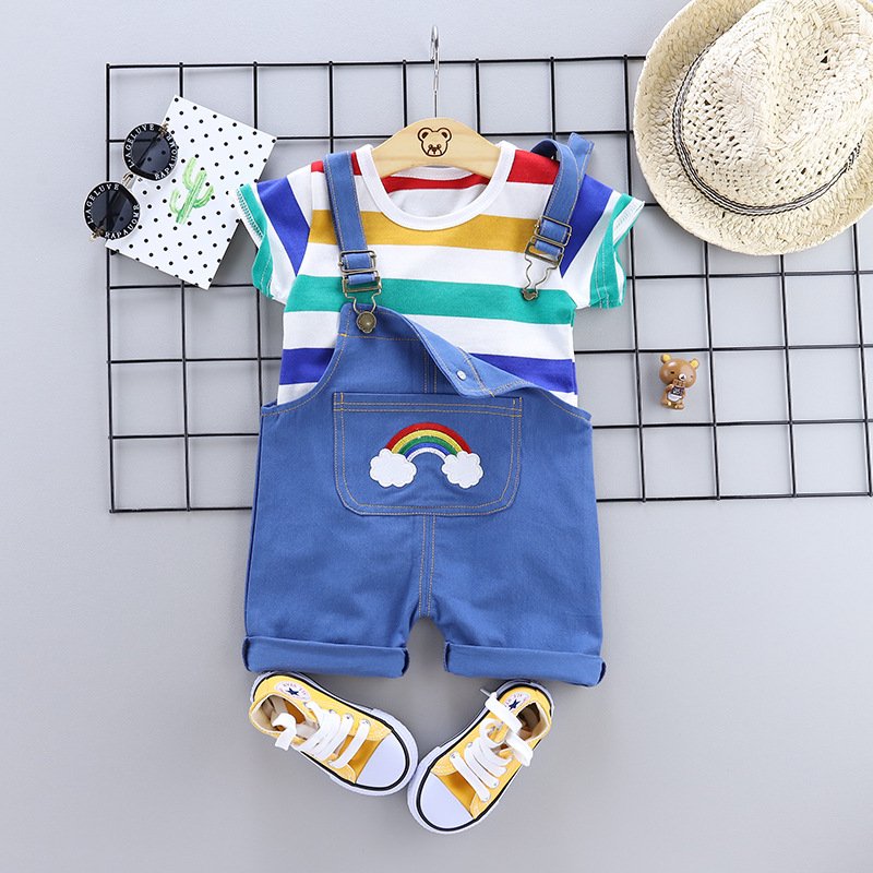 2024 Boys Summer Two-Piece Baby Belt Pants Suit Striped Short Sleeve Casual Print Clothing Made of Cotton ODM Supply