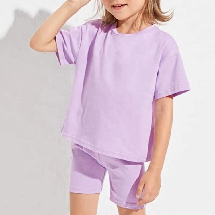 L230627 Custom Logo Little Girls Boys Cotton Oversized Shirt Cycling Toddler Street Wear Two Piece T Shirt Kids Bike Shorts Set