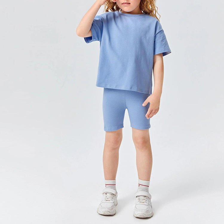 L230627 Custom Logo Little Girls Boys Cotton Oversized Shirt Cycling Toddler Street Wear Two Piece T Shirt Kids Bike Shorts Set