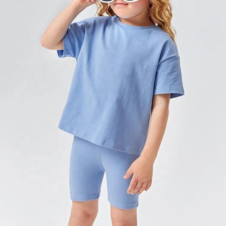 L230627 Custom Logo Little Girls Boys Cotton Oversized Shirt Cycling Toddler Street Wear Two Piece T Shirt Kids Bike Shorts Set