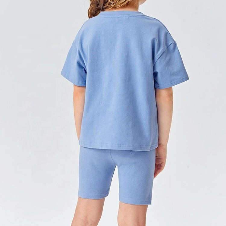 L230627 Custom Logo Little Girls Boys Cotton Oversized Shirt Cycling Toddler Street Wear Two Piece T Shirt Kids Bike Shorts Set