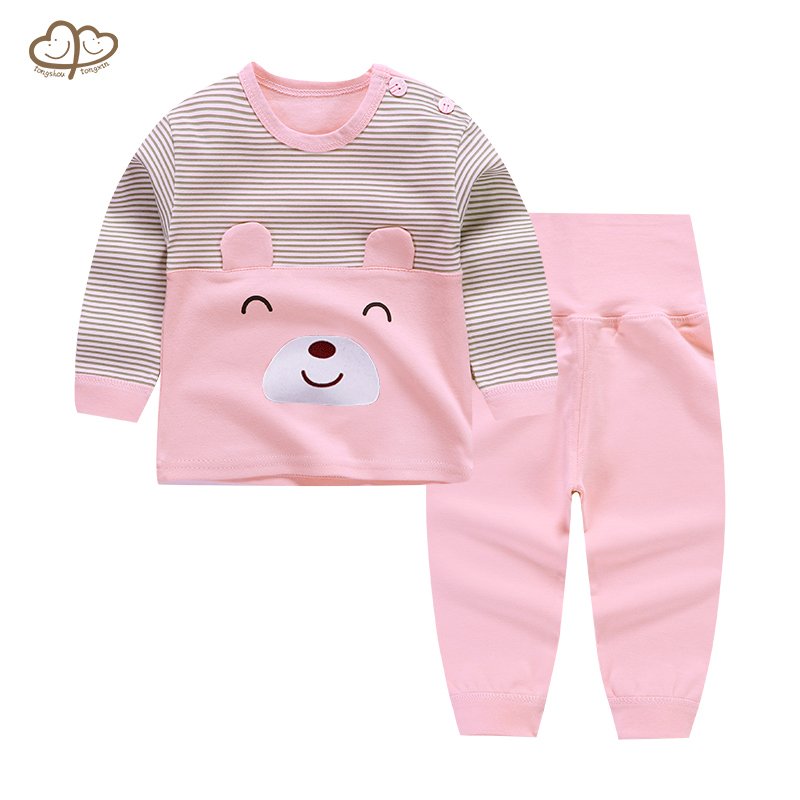 Wholesale Casual Home Clothing Set Kids High Waist Cotton Belly Protection Striped Pattern Autumn Girl Design Cartoon Motif Boys