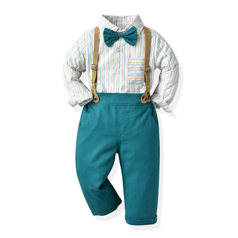 High Quality Boys' Striped Long Sleeve Shirt Casual Pants Bow Tie Kids' Cotton Clothing Sets polo Gentleman baby Trousers suits