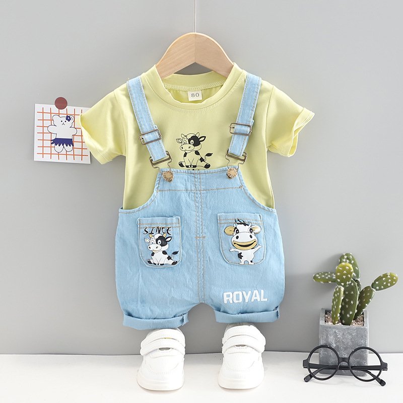 Cute Baby Overalls Set Short Sleeve White T-shirt Denim Overalls Kids Boy Suit Wholesale Toddler Boys Clothing Sets