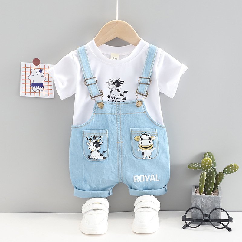 Cute Baby Overalls Set Short Sleeve White T-shirt Denim Overalls Kids Boy Suit Wholesale Toddler Boys Clothing Sets