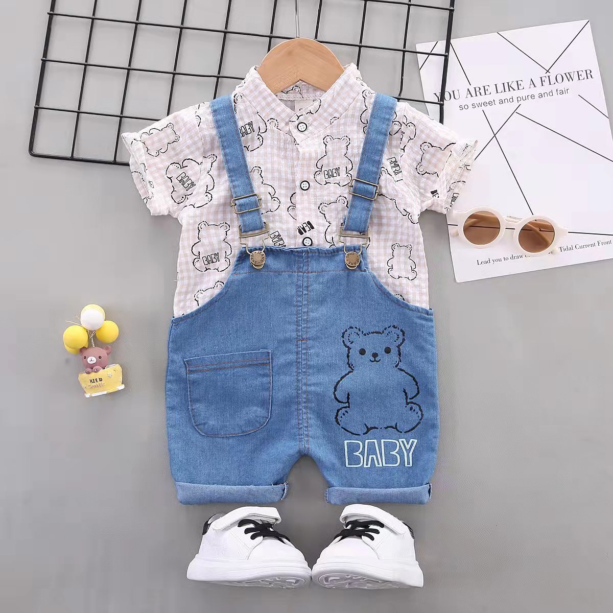 Cute Baby Overalls Set Short Sleeve White T-shirt Denim Overalls Kids Boy Suit Wholesale Toddler Boys Clothing Sets