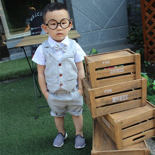 Baby Boys Clothing Sets New Summer Children Formal Wear Short Shirt + Plaid Waist Coat + Shorts+Bow Kids 4PC Suits Baby Clothes