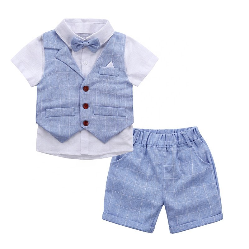 Baby Boys Clothing Sets New Summer Children Formal Wear Short Shirt + Plaid Waist Coat + Shorts+Bow Kids 4PC Suits Baby Clothes