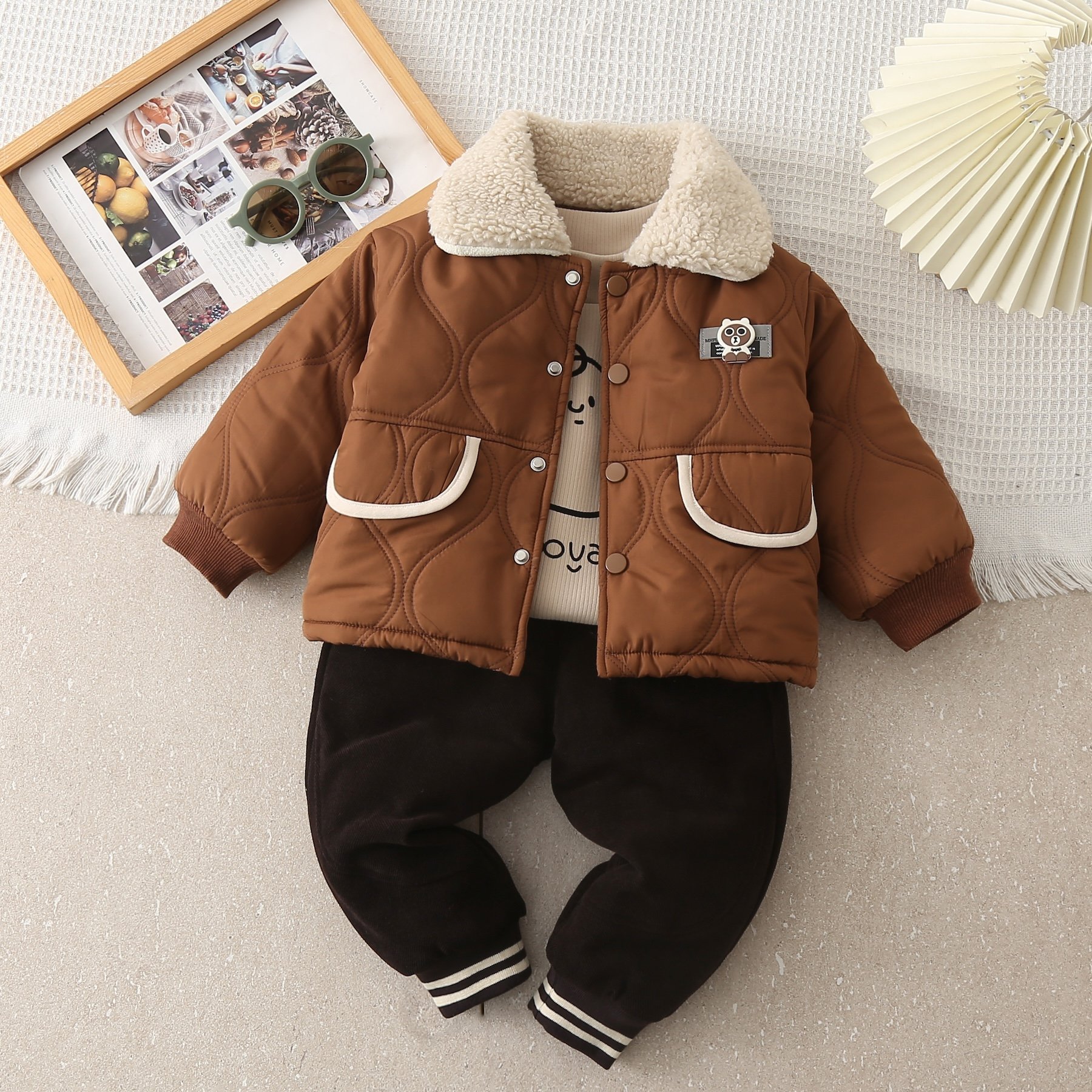 Boys' Set Autumn and Winter New Thickened Clothes Baby Fashionable Letter Hooded Coat Three Piece Children Clothing Set