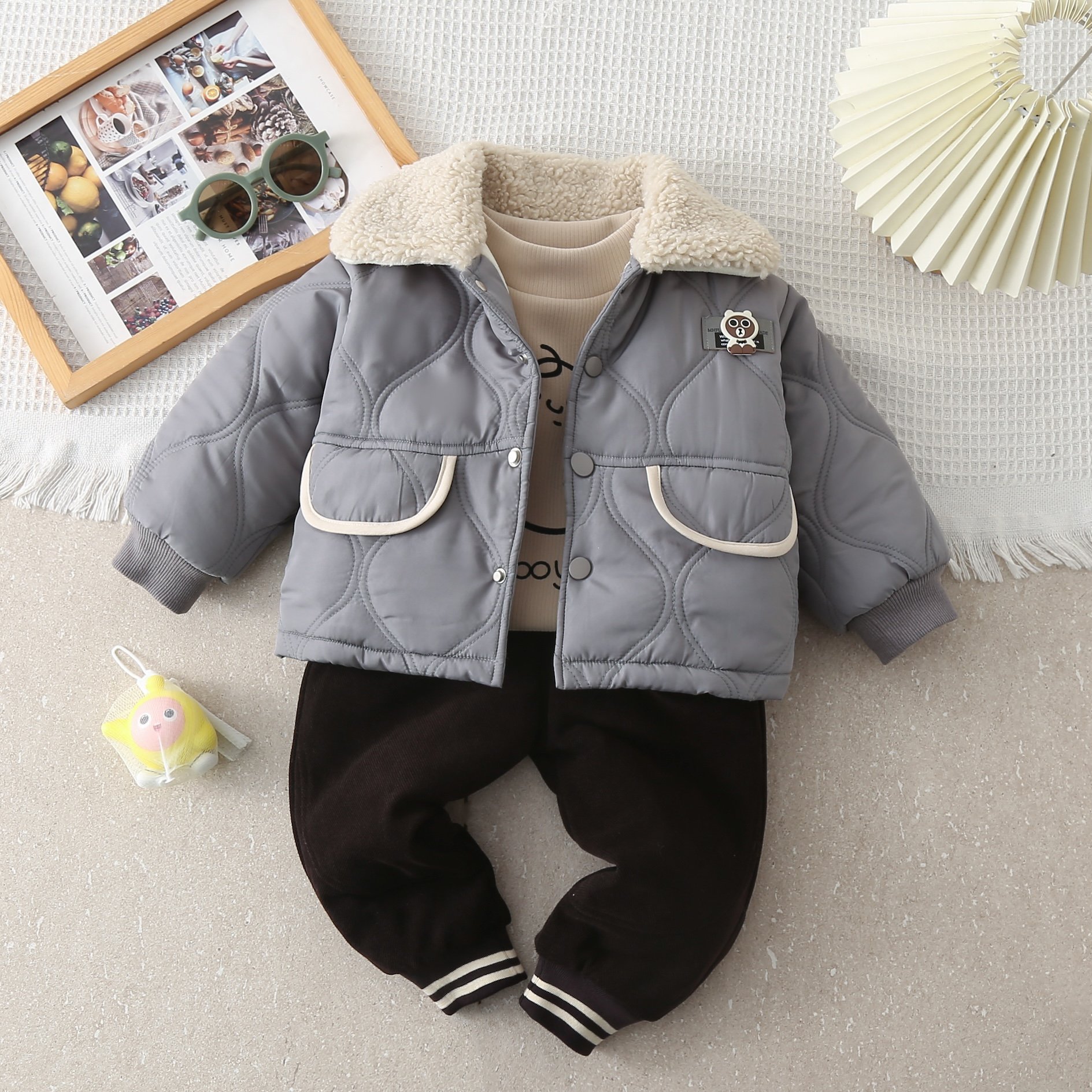Boys' Set Autumn and Winter New Thickened Clothes Baby Fashionable Letter Hooded Coat Three Piece Children Clothing Set