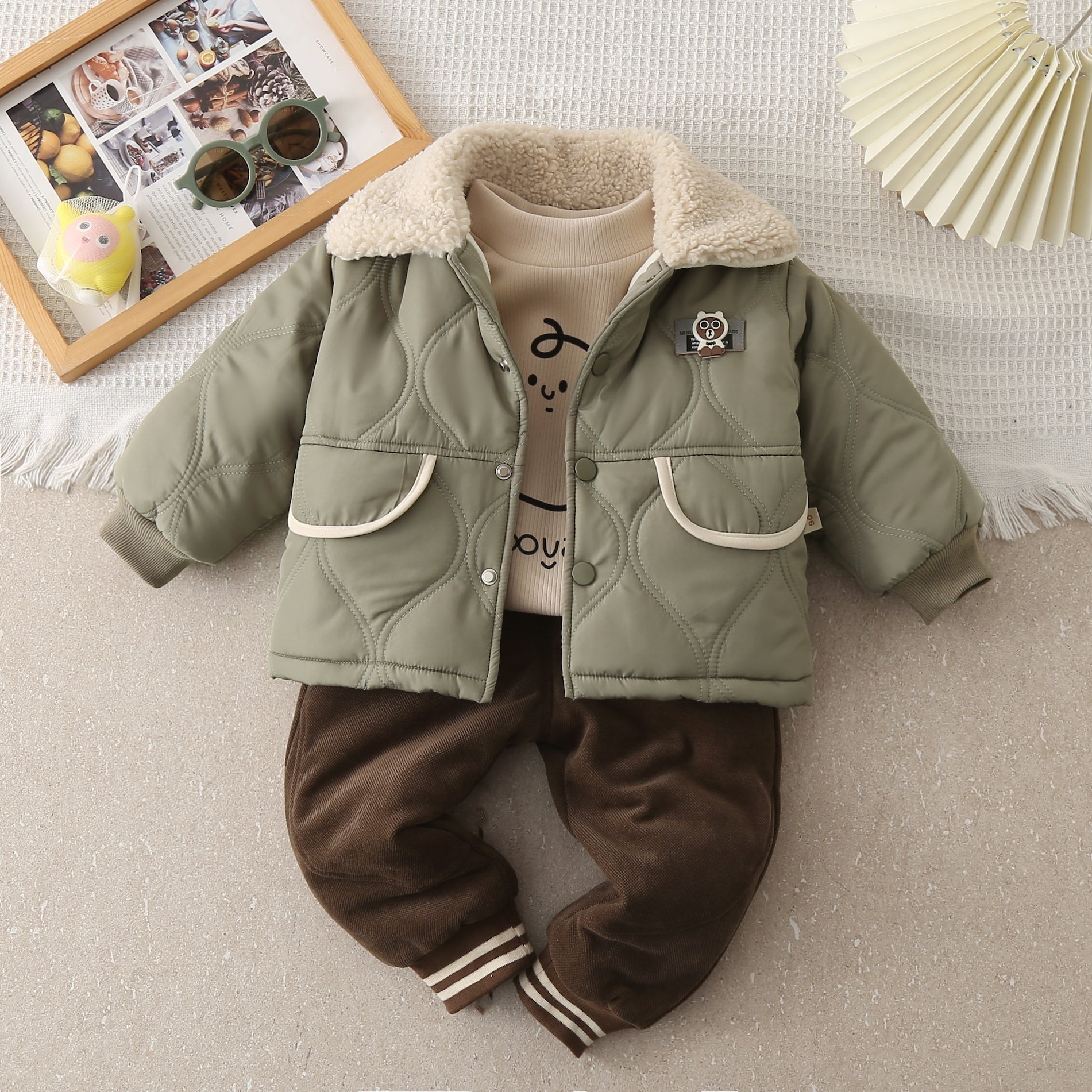 Boys' Set Autumn and Winter New Thickened Clothes Baby Fashionable Letter Hooded Coat Three Piece Children Clothing Set