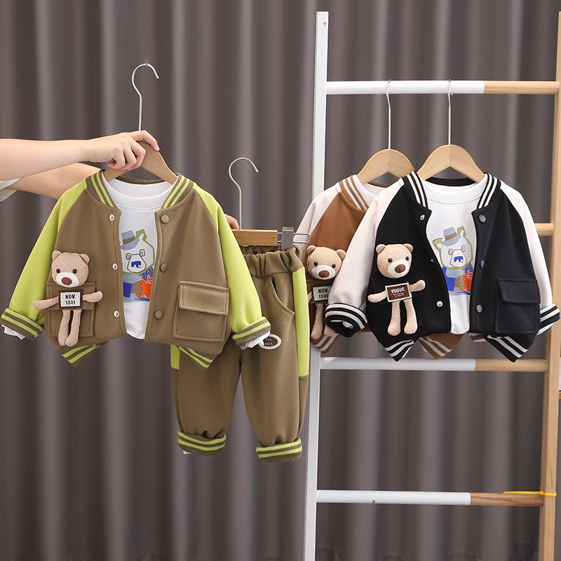 2024 Korean Style Kids Clothing Set Boys Includes Baseball Jacket T-Shirt Trousers-3 Piece Patchwork Suit Big Pocket Bear