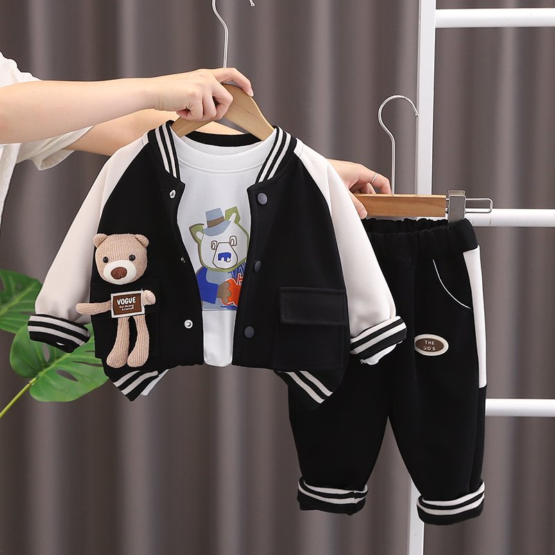 2024 Korean Style Kids Clothing Set Boys Includes Baseball Jacket T-Shirt Trousers-3 Piece Patchwork Suit Big Pocket Bear