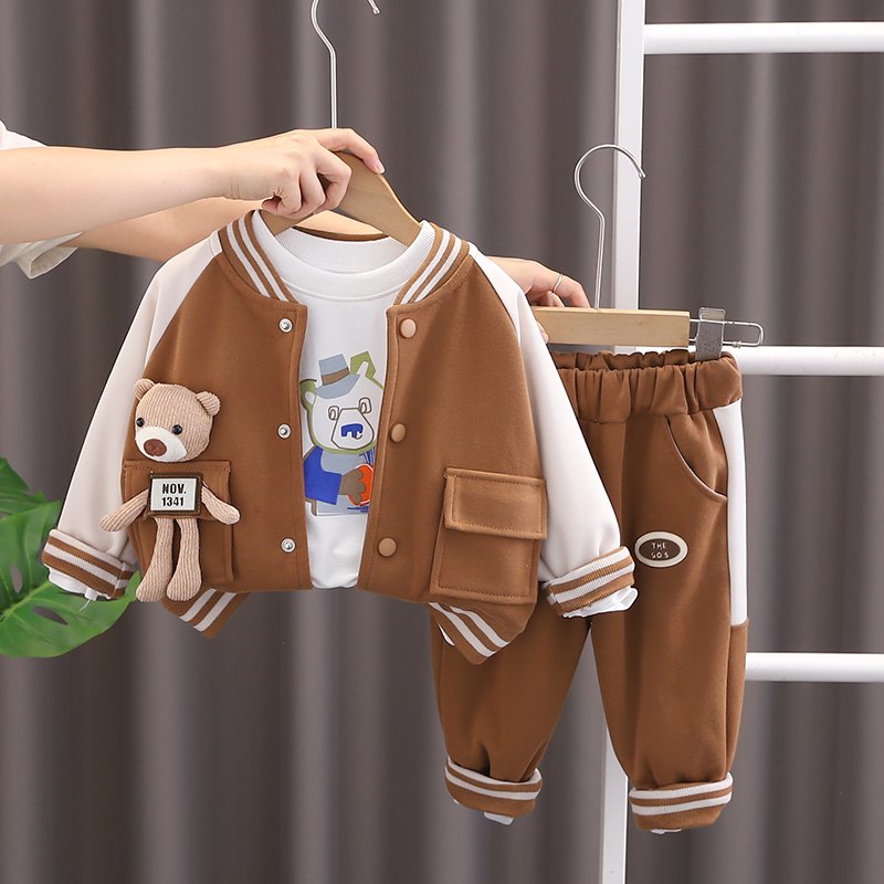 2024 Korean Style Kids Clothing Set Boys Includes Baseball Jacket T-Shirt Trousers-3 Piece Patchwork Suit Big Pocket Bear