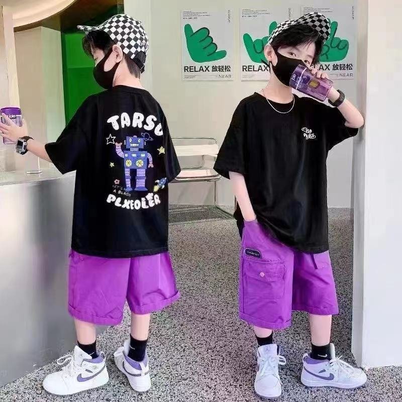 2023 New Boys Print T-Shirt and Purple Casual Shorts 2 Piece Set 5-15 Years Old Kids Clothes
