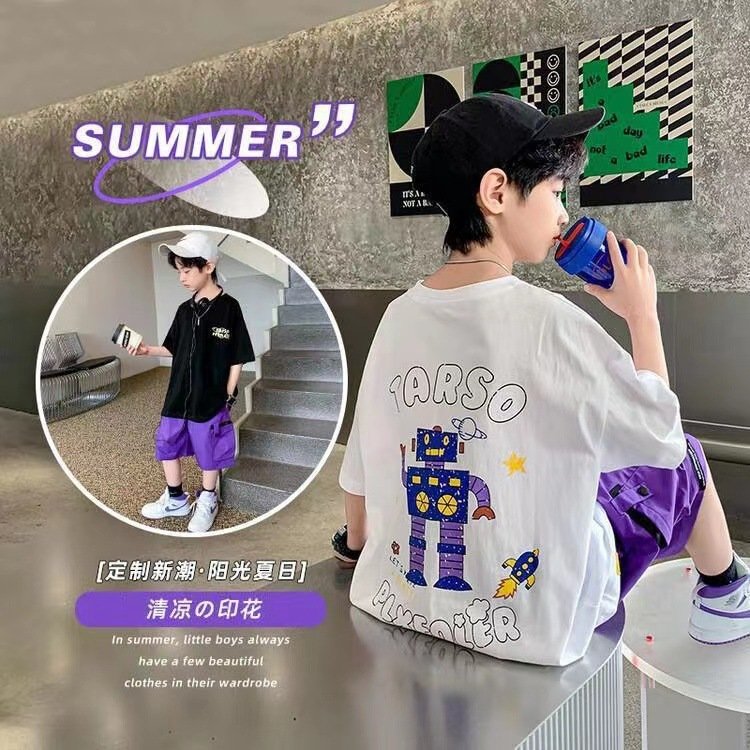 2023 New Boys Print T-Shirt and Purple Casual Shorts 2 Piece Set 5-15 Years Old Kids Clothes