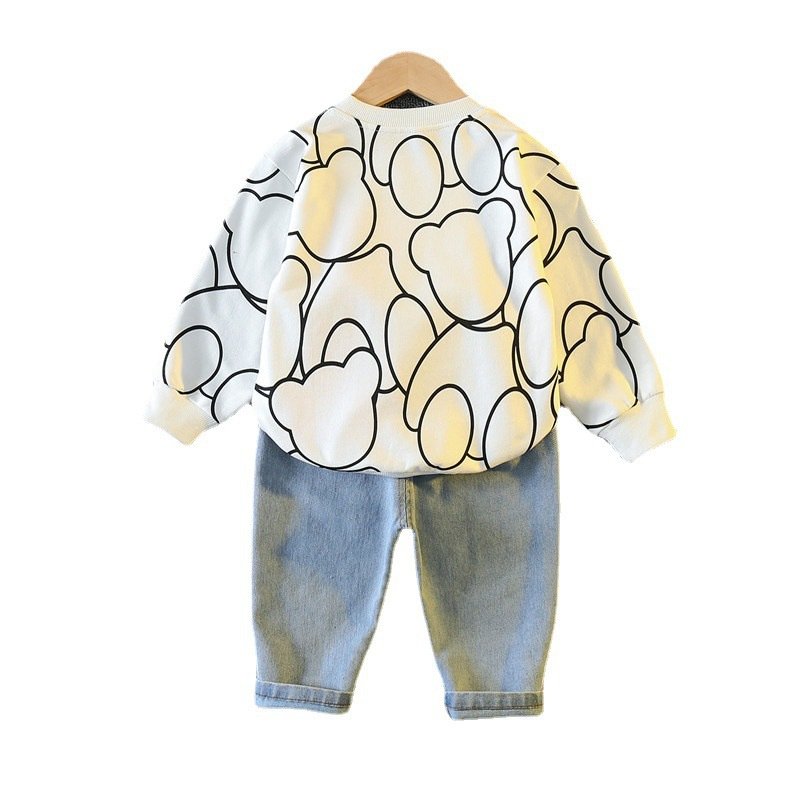 2024 autumn hot selling kids clothing boutique cartoon bear print long sleeve top jeans cotton kids clothing boys sets