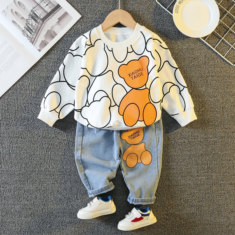 2024 autumn hot selling kids clothing boutique cartoon bear print long sleeve top jeans cotton kids clothing boys sets
