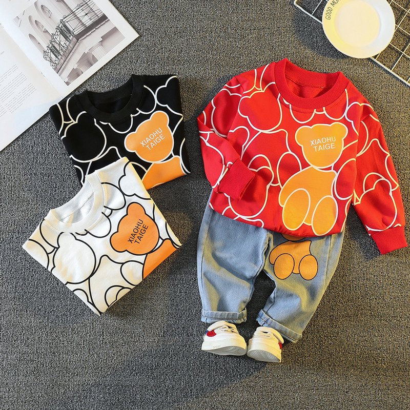 2024 autumn hot selling kids clothing boutique cartoon bear print long sleeve top jeans cotton kids clothing boys sets