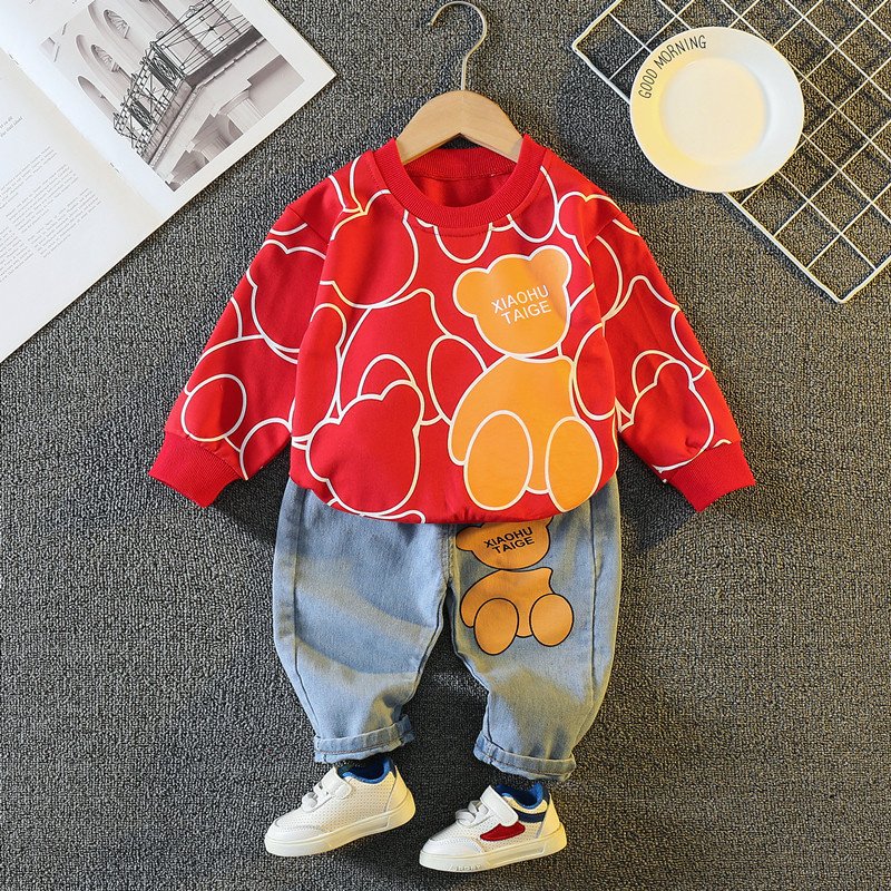 2024 autumn hot selling kids clothing boutique cartoon bear print long sleeve top jeans cotton kids clothing boys sets