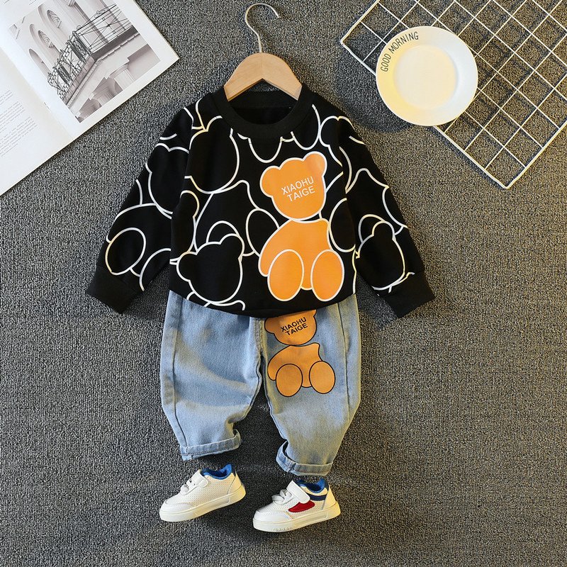 2024 autumn hot selling kids clothing boutique cartoon bear print long sleeve top jeans cotton kids clothing boys sets