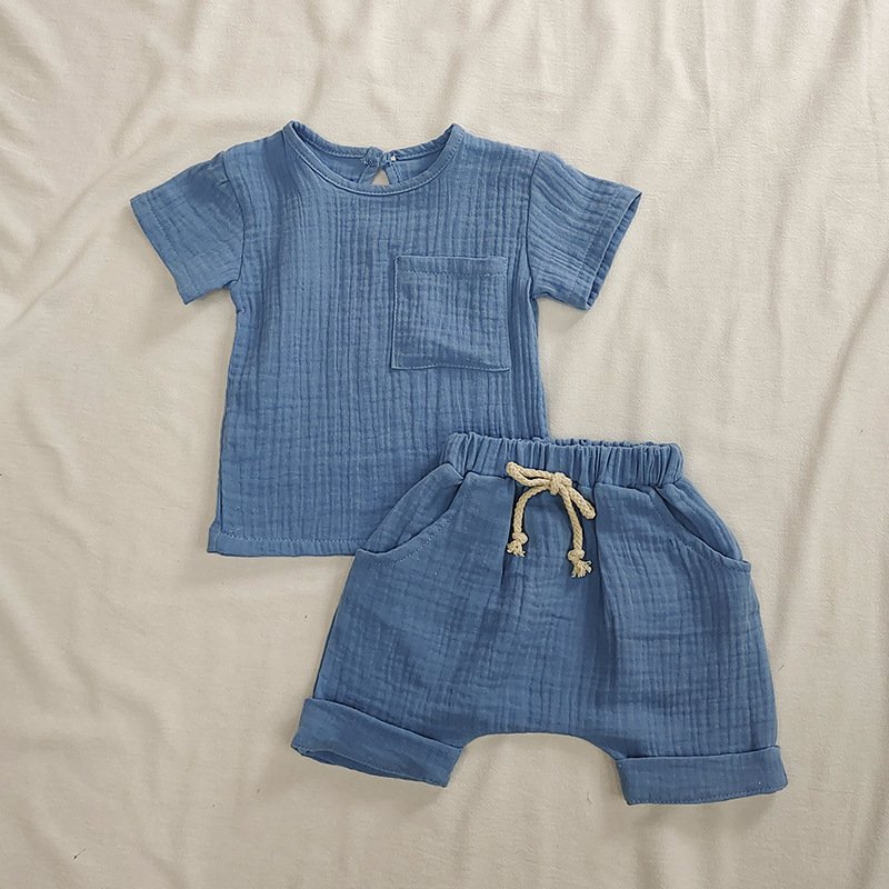 Organic Cotton Muslin Unisex Boy Girl 4 Colors Summer Short Sleeve Outfits Set