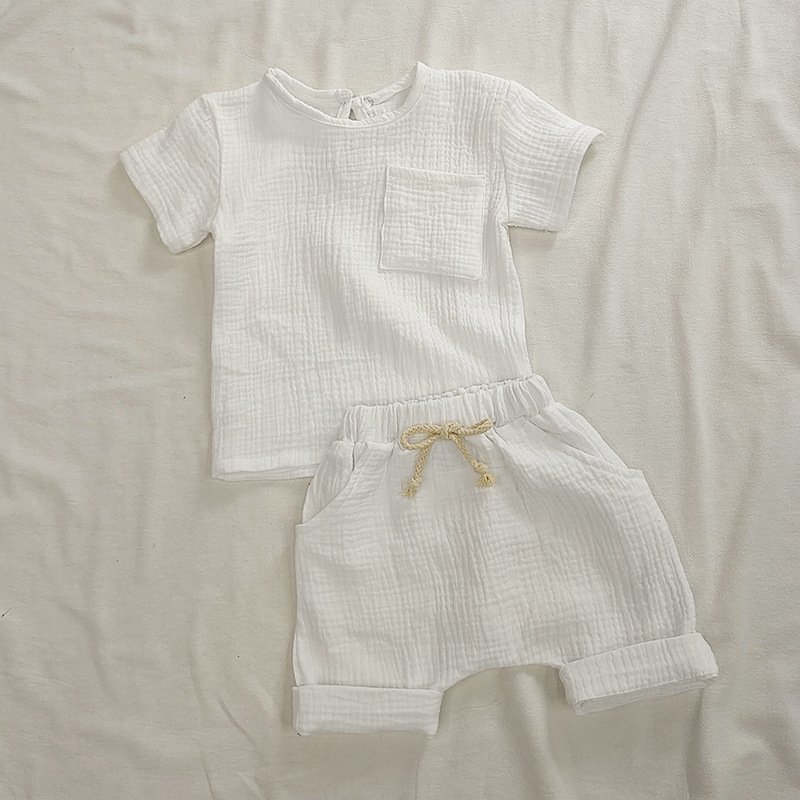 Organic Cotton Muslin Unisex Boy Girl 4 Colors Summer Short Sleeve Outfits Set