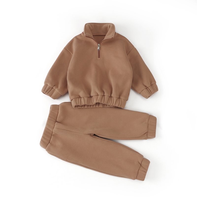 Wholesale Custom Logo Long Autumn and Winter Sleeve Solid Color Zipper Neck Warm Kid Tracksuit Set
