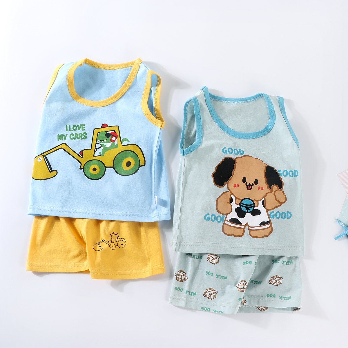 2 pcs baby boys summer clothing cute cartoon printing sleeveless tank tops shorts infant boy clothing sets