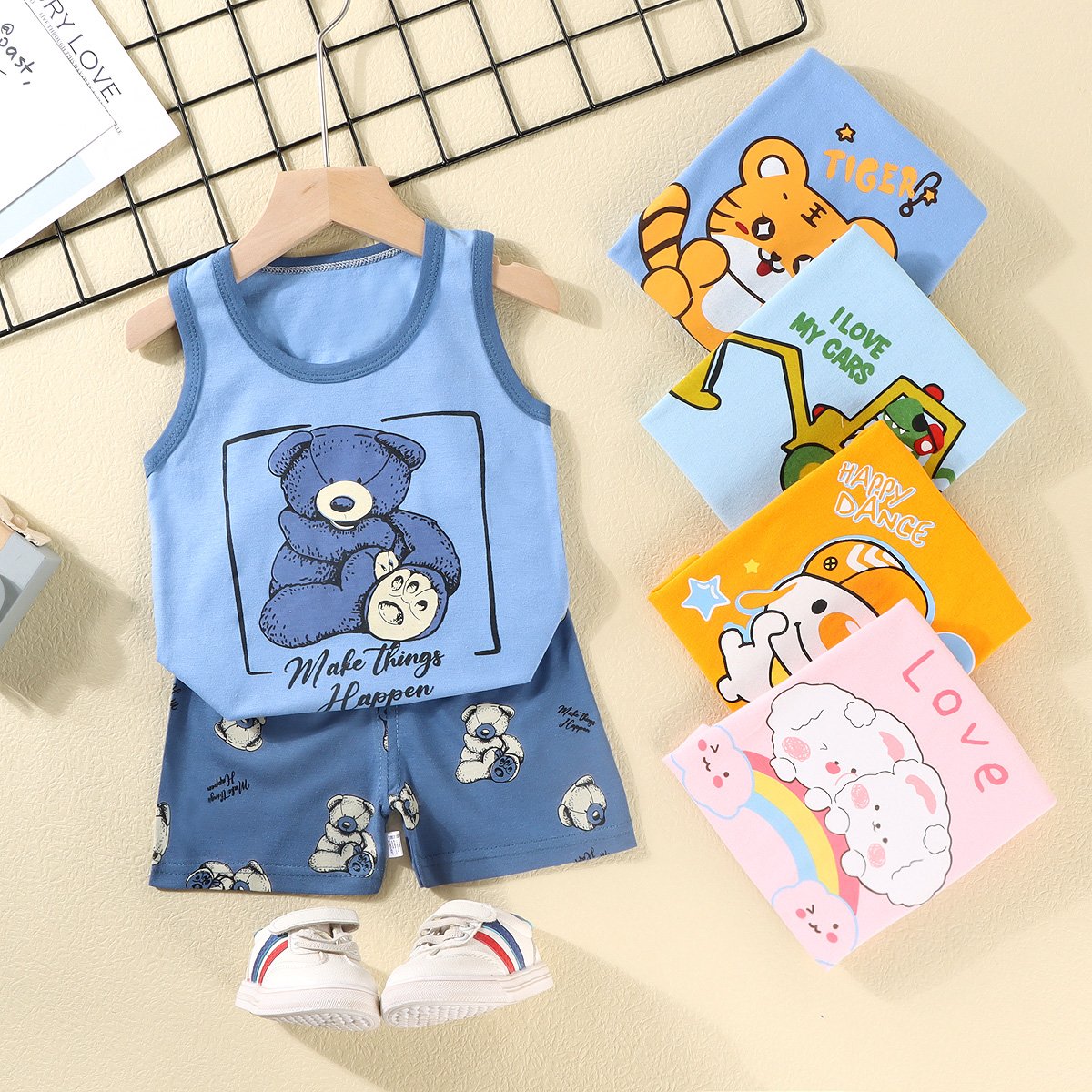 2 pcs baby boys summer clothing cute cartoon printing sleeveless tank tops shorts infant boy clothing sets