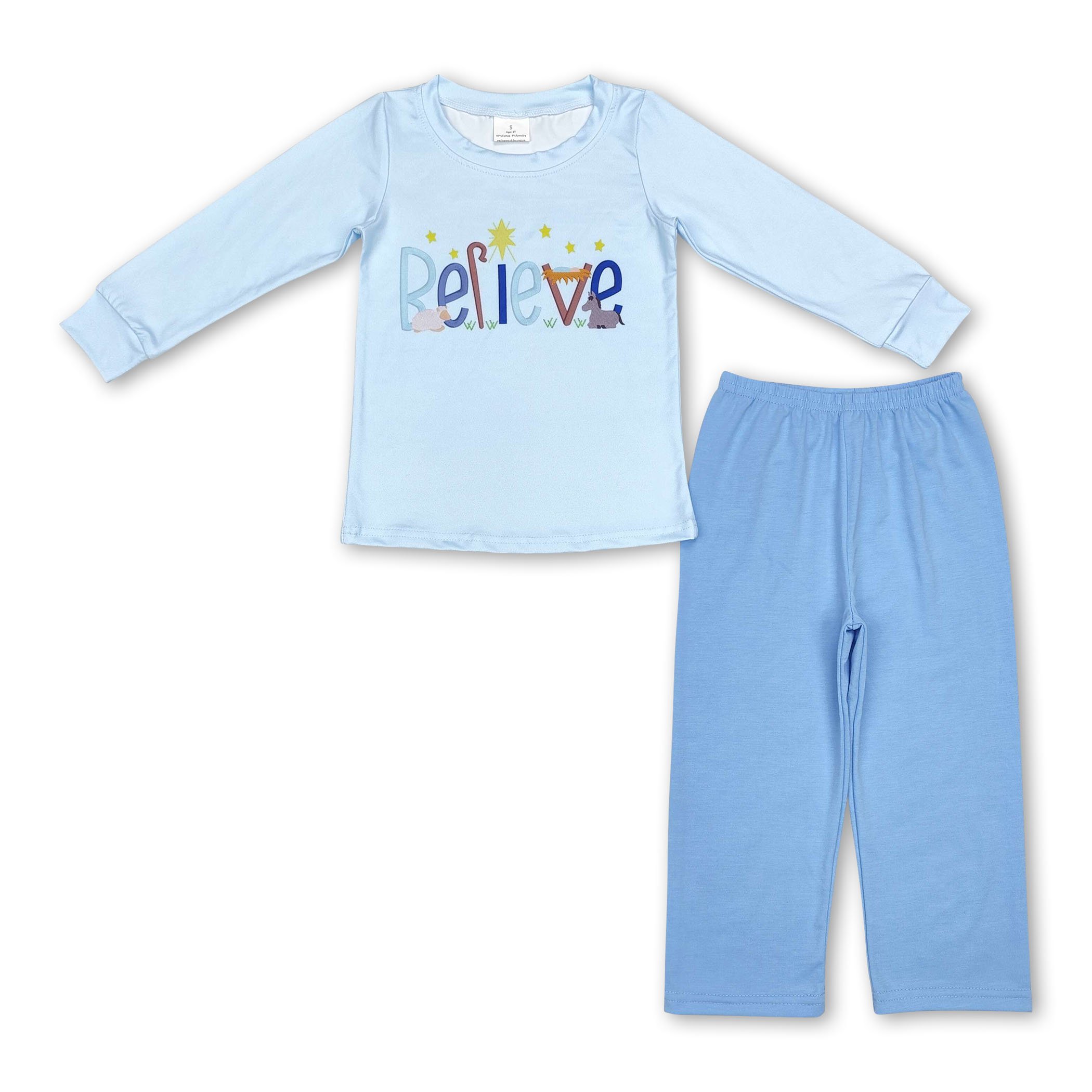 BLP0904 Vintage fall clothe believe embroidery blue stripe long sleeve blue solid pantsuit western boys set for children