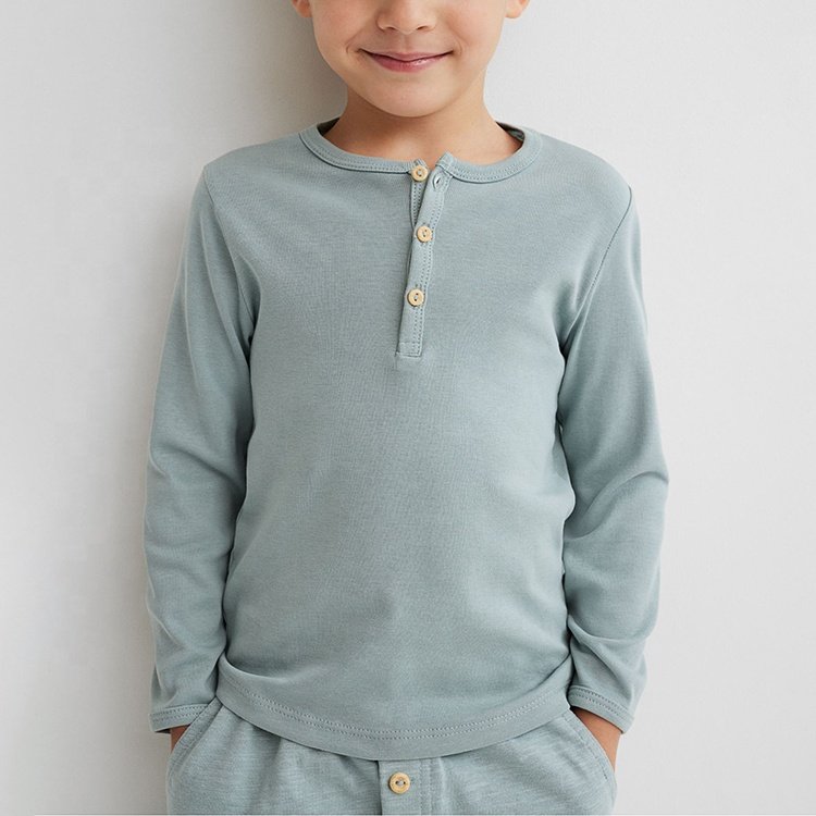 100% Cotton Baby Henley Tops Pants Two Pieces Kids Simple kids long sleeve t shirt kids